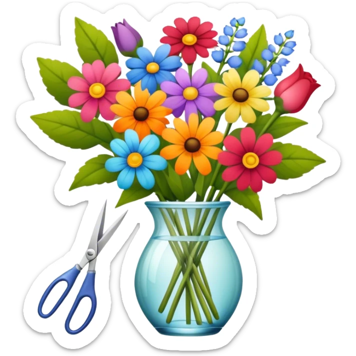 Icon for Floristry: a bouquet of flowers with floral arranging tools like scissors, a flower stem, and a vase. The icon should represent creativity in flower design and arranging. Transparent background. sticker
