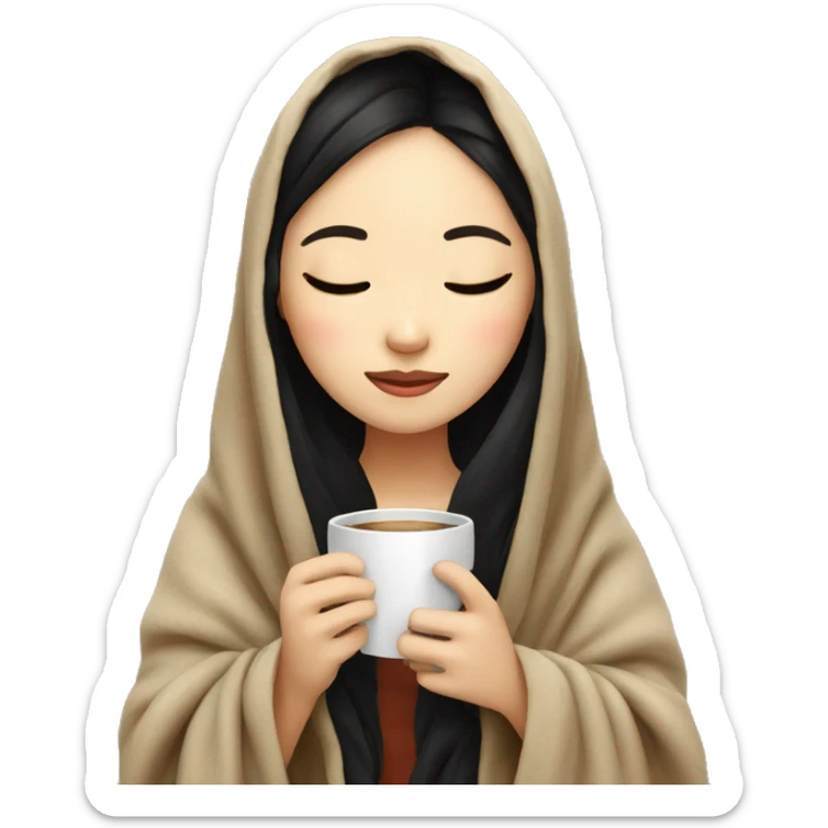 Asian girl inside a blanket sipping coffee eyes closed black hair sticker