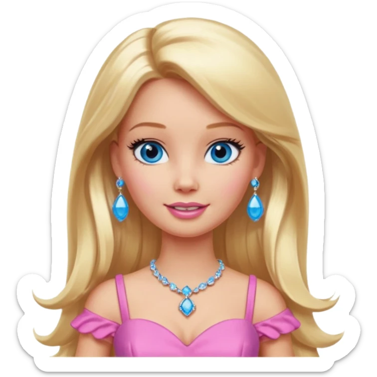 barbie, long blonde hair, pink dress, with blue eyes,different dress,ear rings, jewelry, different face expressions. sticker