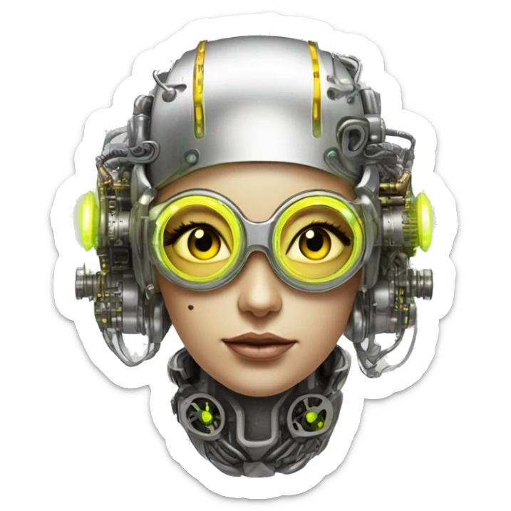 Caucasian female cyborg head with Neon yellow bobbed hair, silver steampunk goggles and circuits sticker
