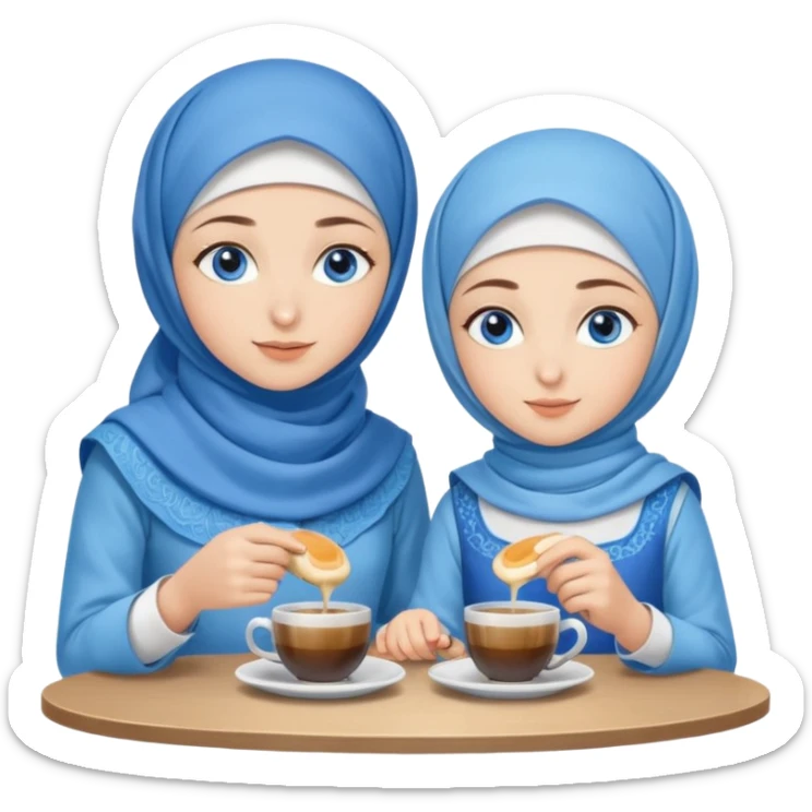 Turkish beautiful finish Konya two girls blue eyes with blue hijab islamic dress and make breakfast in coffeehouse sticker