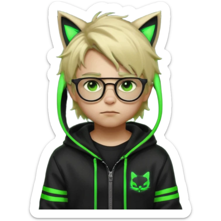 Light blond, slightly messy hair
Black glasses
A black hoodie with cat ears
Neon green details on the jacket and pants (glowing lines and stripes)
An overall hacker / cyberpunk style look
A neutral facial expression (boy )eyes brown) the hood with ears BROWN EYE BROWN EYE sticker