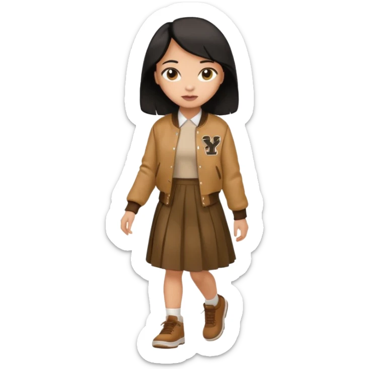 black color hair, light skin long hair girl with brown varsity jacket and long skirt walking

 sticker