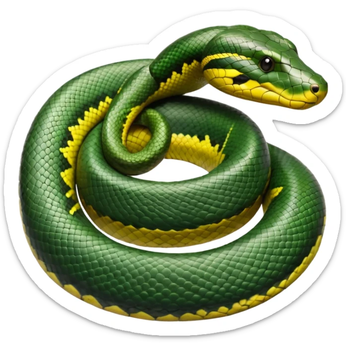 A photo-realistic top-down view of a Green Anaconda tightly coiled in a spiral, with its broad, flat head resting at the center. Its olive-green body is thick and muscular, patterned with symmetrical, bold black oval spots that flow along its smooth, glossy scales. sticker