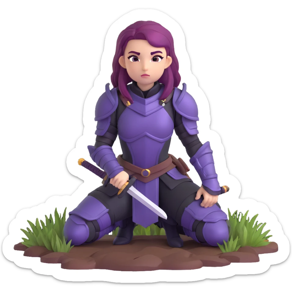 mysterious warrior girl with flowing purple hair, dressed in black armor, kneeling with sword planted in the ground sticker
