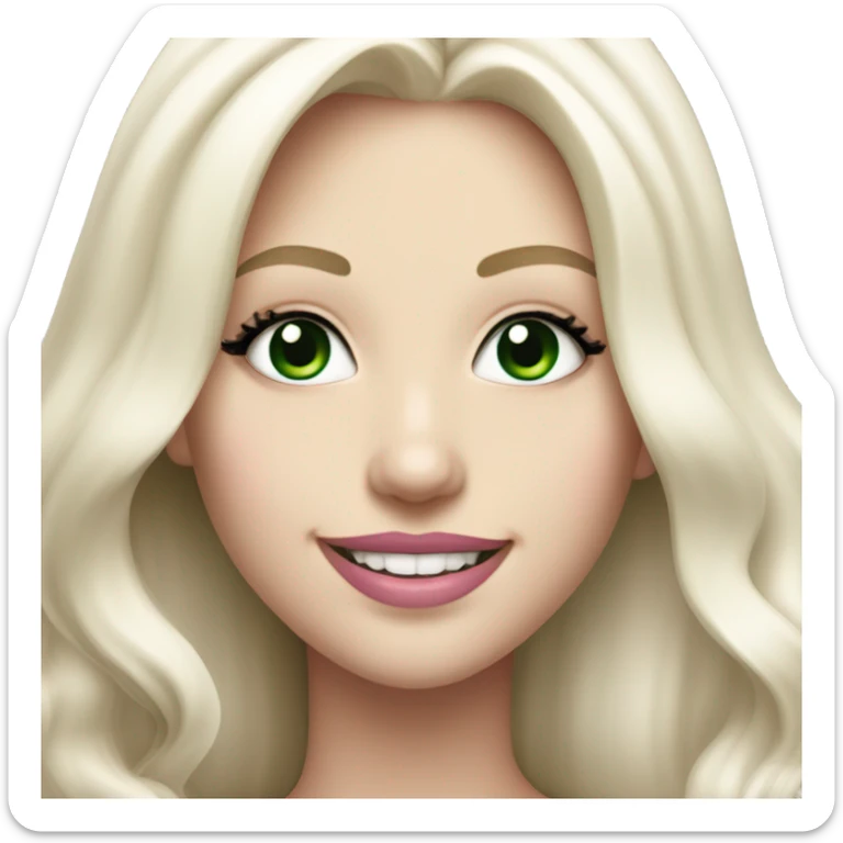 Smiling girl with long white blonde hair dark green eyes with black eyeliner very white teeth and pink lipstick sticker