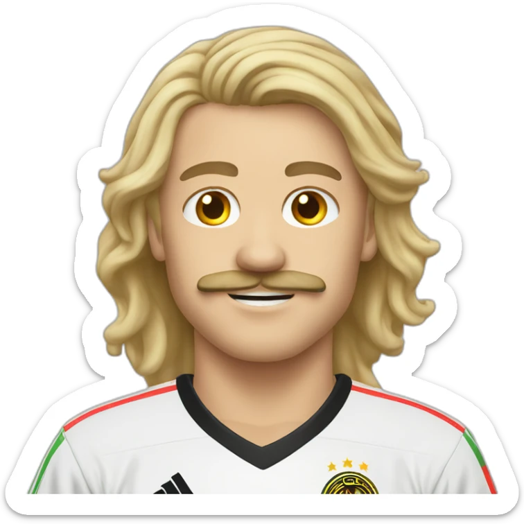 face man blonde hair long hair blonde moustache wearing a germany soccer shirt sticker