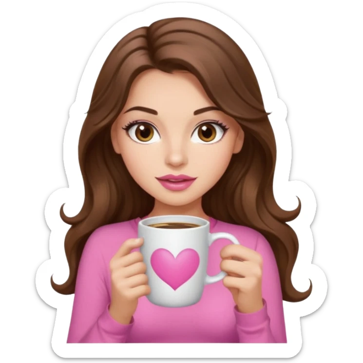 girl with long wavy brown hair, brown eyes, long lashes,sexy pink lips, light to medium complexion, pink sexy top, with a coffee mug sticker