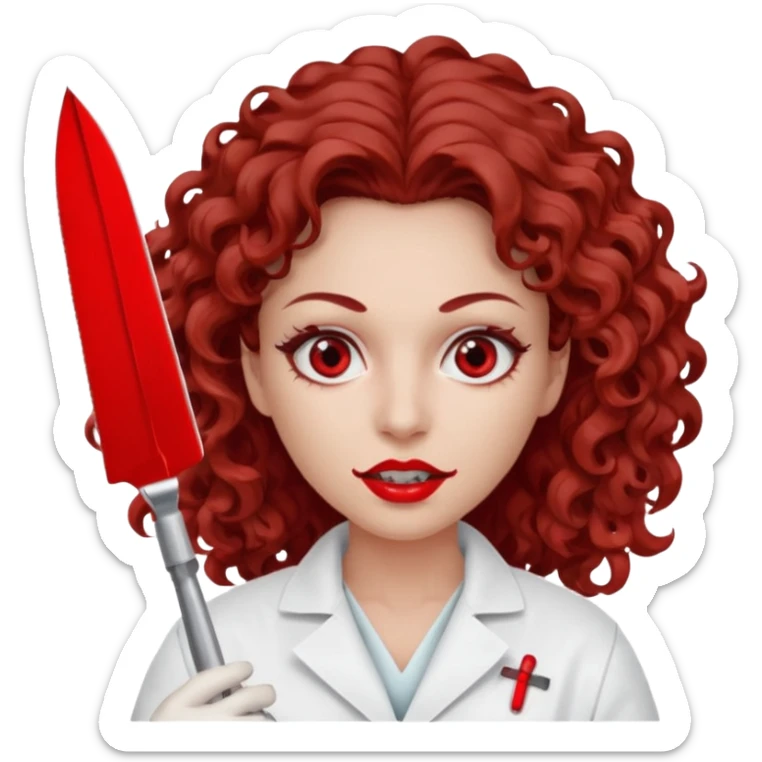 Scary woman scalpel in hand, evil surgeon sexy surgeon clothes.  She has red eyes. Her  brown long curly hair. Wears sexy doctor outfit with red gloves. make her hair free and brown but she  wear mouth cover   to hide. Wears white surgeon jacket and sticker