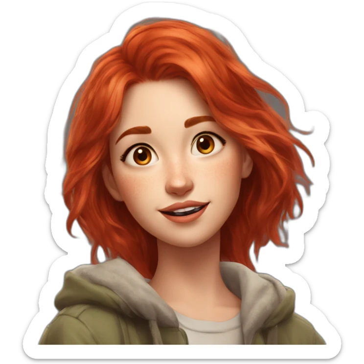 1girl, red hair, messy, sending kiss, ((high saturation)), ((best quality)), ((masterpiece)), ((realistic)), (detailed) chill, smile, russian girl, looking to the side sticker