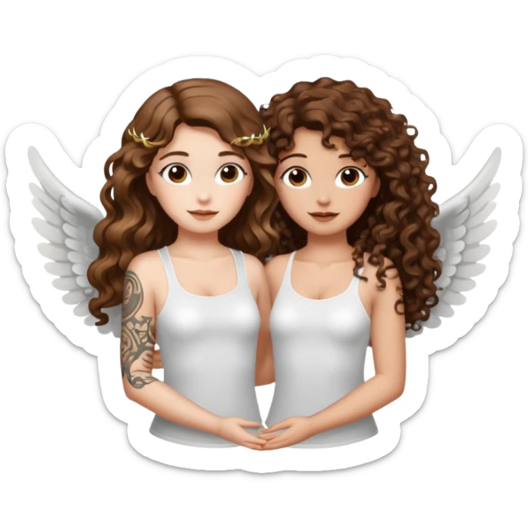 fake angel pose — long wavy brown hair tattooed woman and short tight curly brown hair woman — halo sparkle sticker