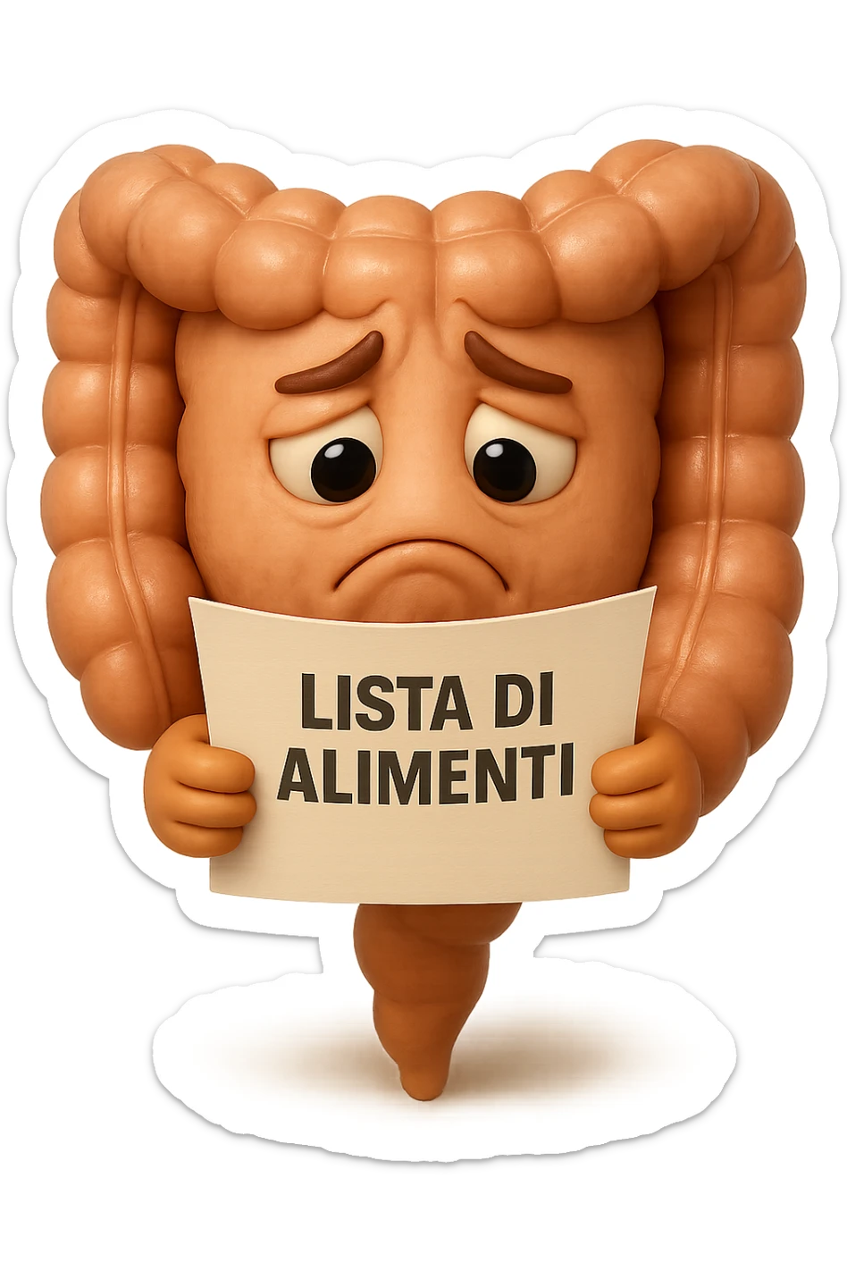 EMOJI STILE IPHONE DI UN INTESTINO CHE LEGGE UN FOGLIO CON LA SCRITTA "lista di alimenti" ed espressione triste in volto, IPERREALISTICO 4K sticker