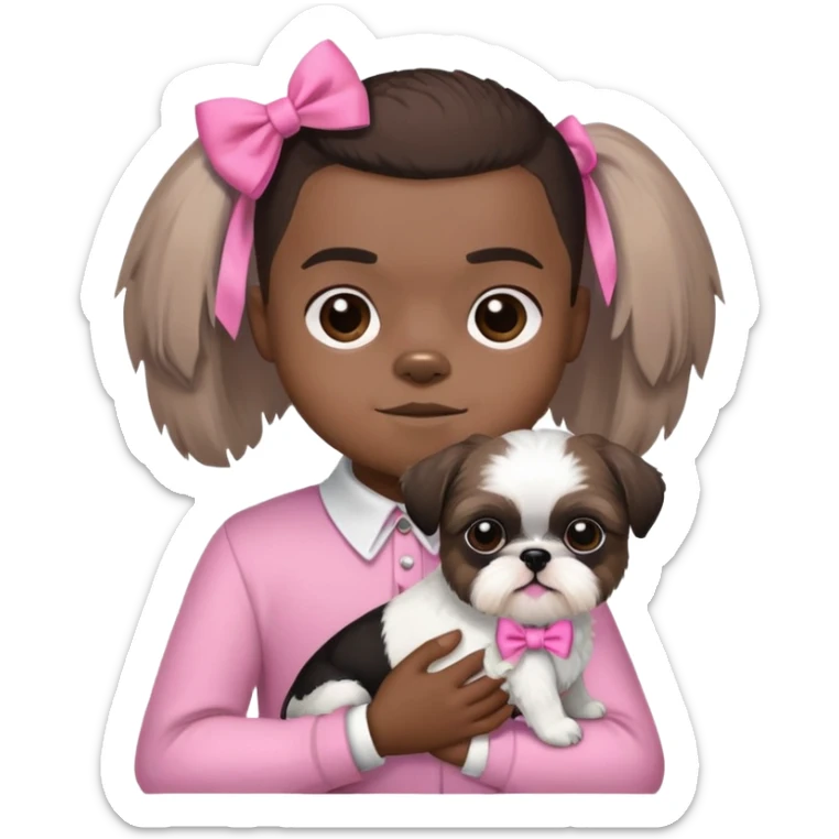 black little boy with a buzzcut holding black and white shih tzu dog who’s wearing a pink bow sticker