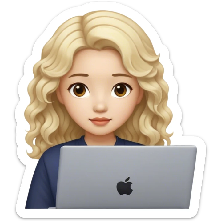 beautiful girl, with  blond hair, wavy hair, chinese, with laptop sticker