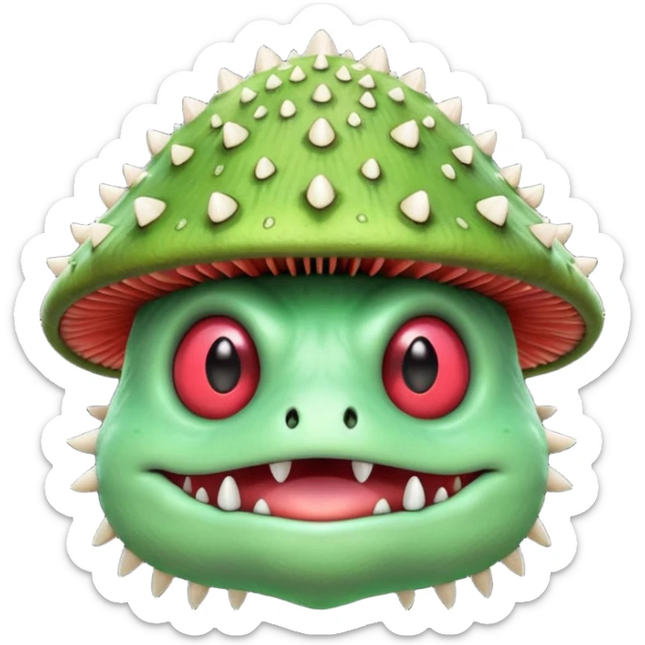 poisonous mushroom monster portrait, head and shoulders only, animal-like creature, mushroom cap head with spikes, toxic green glow, beast-like eyes, furry neck details, monstrous but cute fantasy vibe, 3D cartoon, mobile game icon style, clean background, no text, no watermark

 sticker