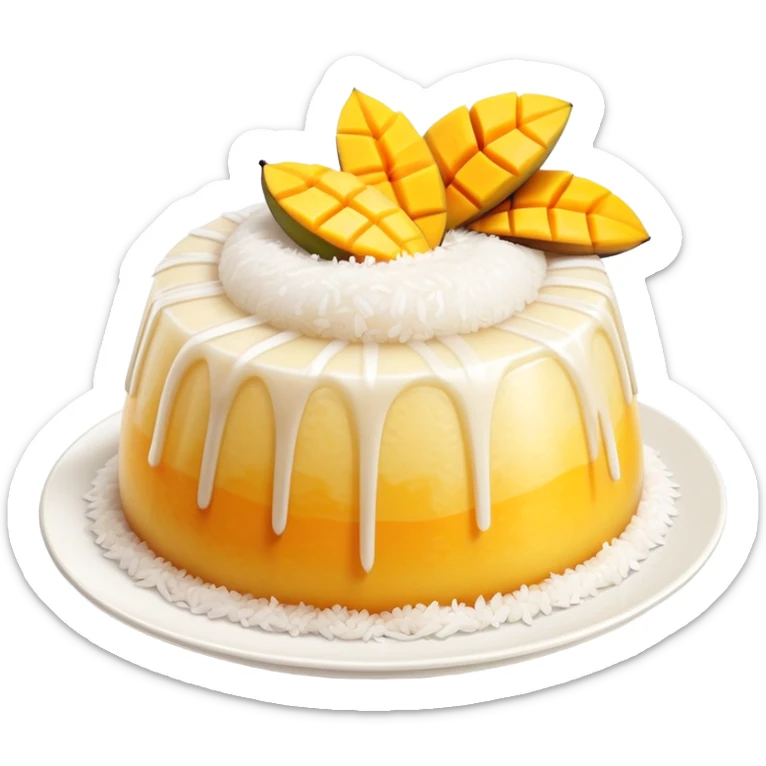 cinematic-realistic-mango-sticky-rice-dessert-emoji,-showcasing-sweet-sticky-rice out of a mould-paired-with-ripe-mango-slices-and-coconut-milk-rendered-with-lifelike-detail-and-warm,-inviting-lighting with the coconut  milk over the rice sticker