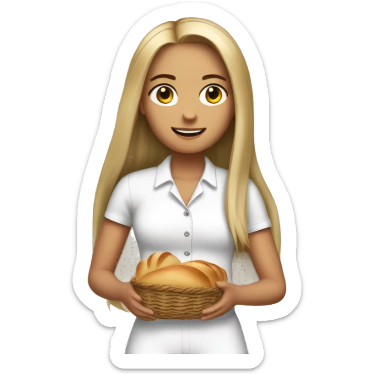 cute white girl, with jumpsuit, white shirt in it, long straight hair, holding a bread basket sticker