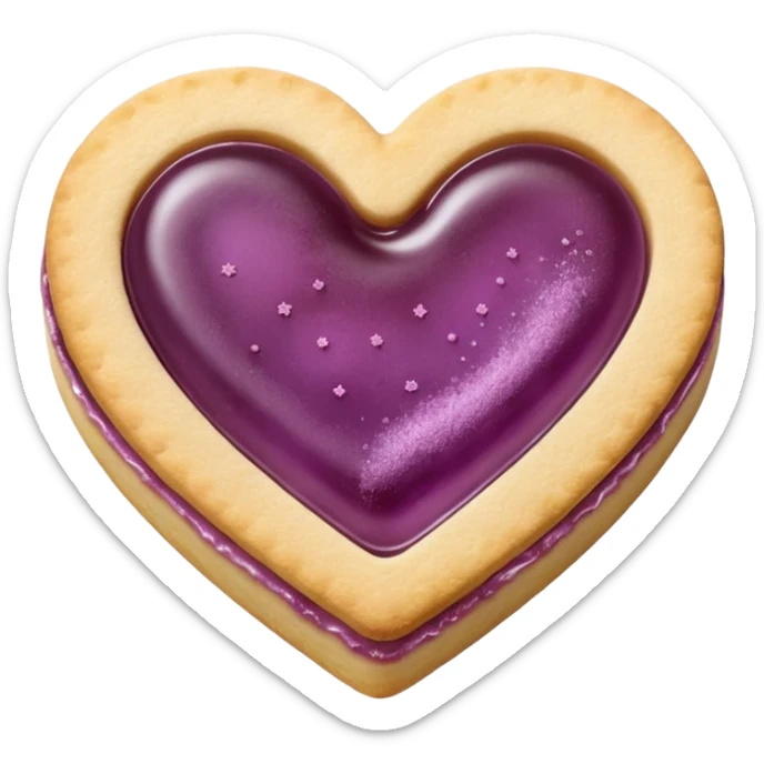 Realistic shortbread cookie in the shape of a heart with mauve jelly middle filling and sprinkled powder sugar on top. sticker