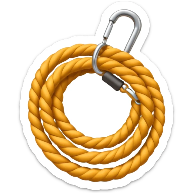 A 3D cartoon coiled climbing rope with a carabiner, golden color, resting on a rocky surface, realistic soft shadows, Memoji-style rendering. sticker