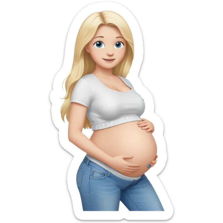 White girl, 18, long blonde hair, blue eyes, white crop top, jeans, huge pregnant belly, side view, skinny, bare midriff, smiling sticker