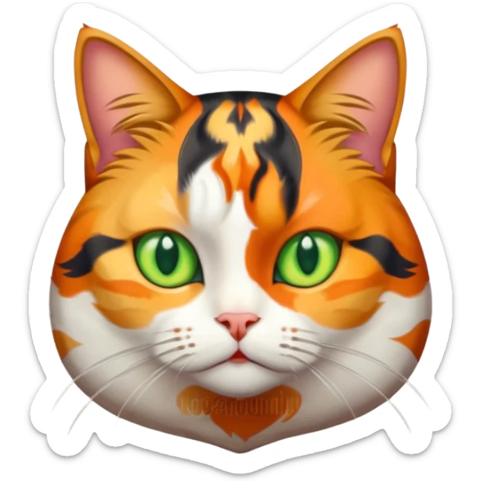 full body colourful calico tabby cat with skinny head and fat body with an anxious face sticker