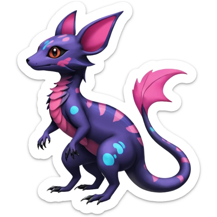 Rare epic aesthetic colorful Salandit-Noibat-Eevee-Genet-species-Fakemon-hybrid-creature, with markings, full body sticker