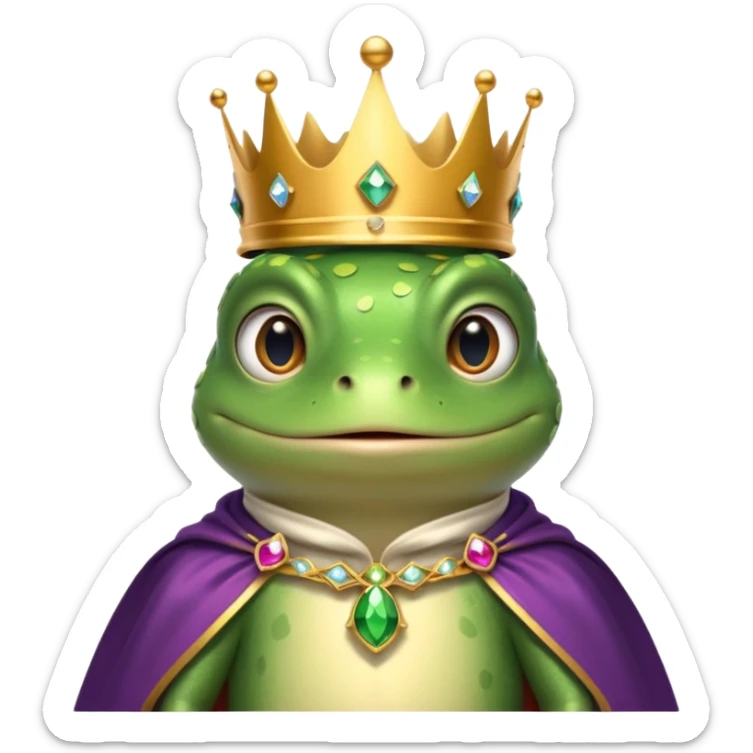 frog king portrait, head and shoulders only, small jeweled crown, royal cape collar, wise friendly eyes, fairy-tale vibe, 3D cartoon, mobile game icon style, clean background, no text, no watermark
 sticker