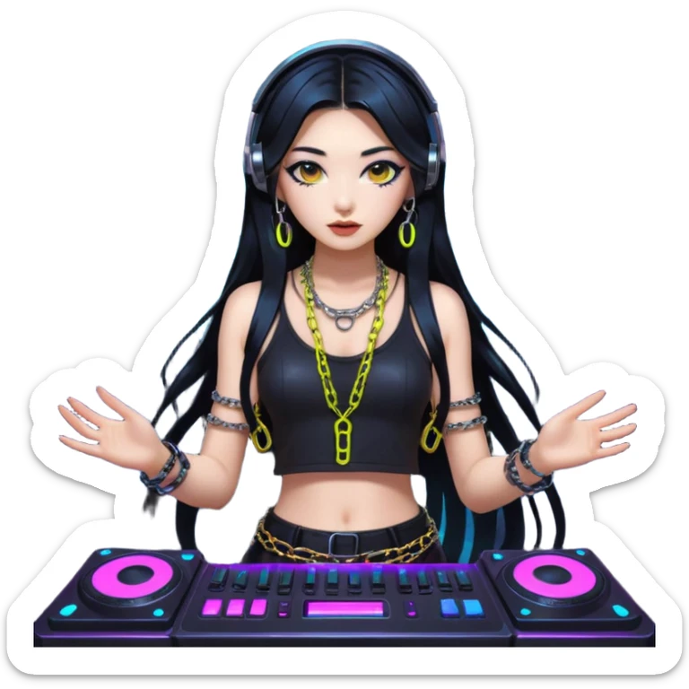  korean-techno-dj-girl,-wearing-a-stylish-edgy-outfit-with-metallic-chains,-long-black-hair,-performing-in-a-neon-lit-underground-club,-cyberpunk-aesthetic,-high-detail-3d-emoji-style,-energetic-and sticker