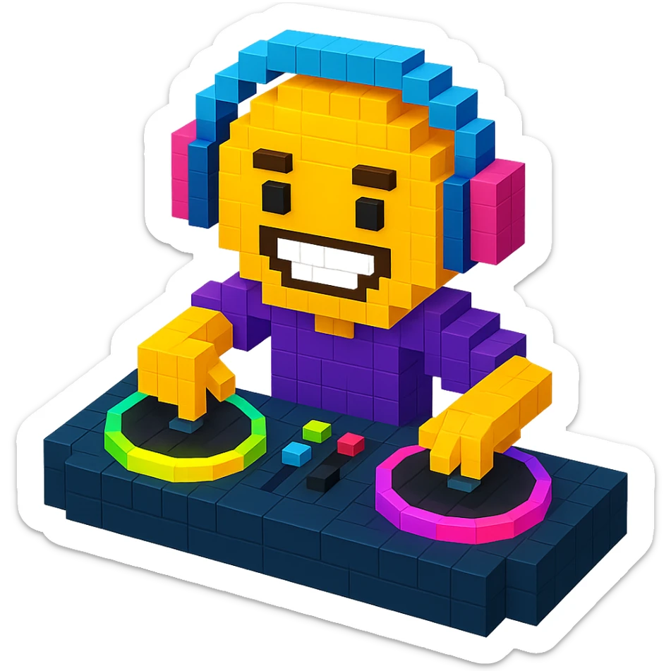 DJ mixing records with glowing turntables and a dynamic pose sticker