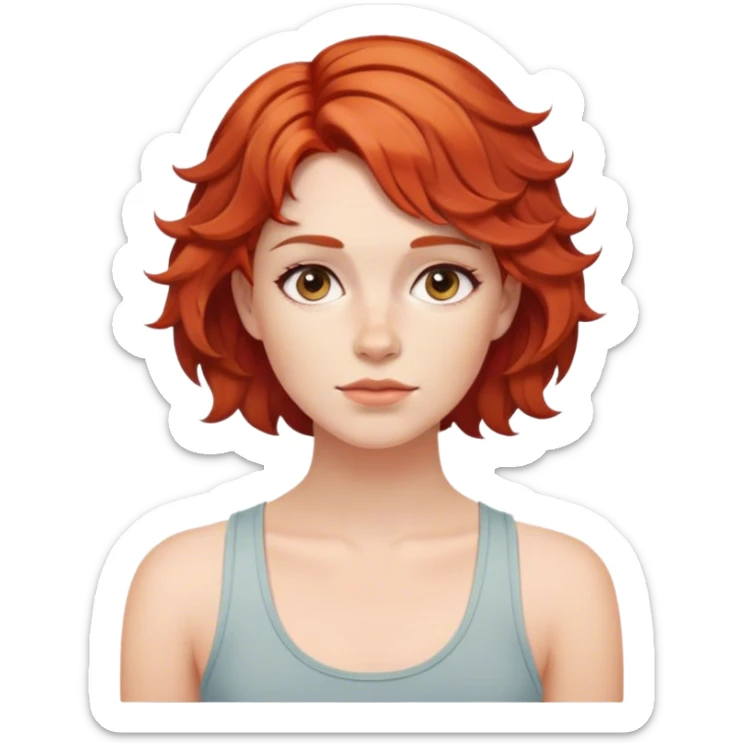 Menina ruiva de cabelos ondulado, cortado em camadas curto. Ela está de lado e usa uma regata sticker