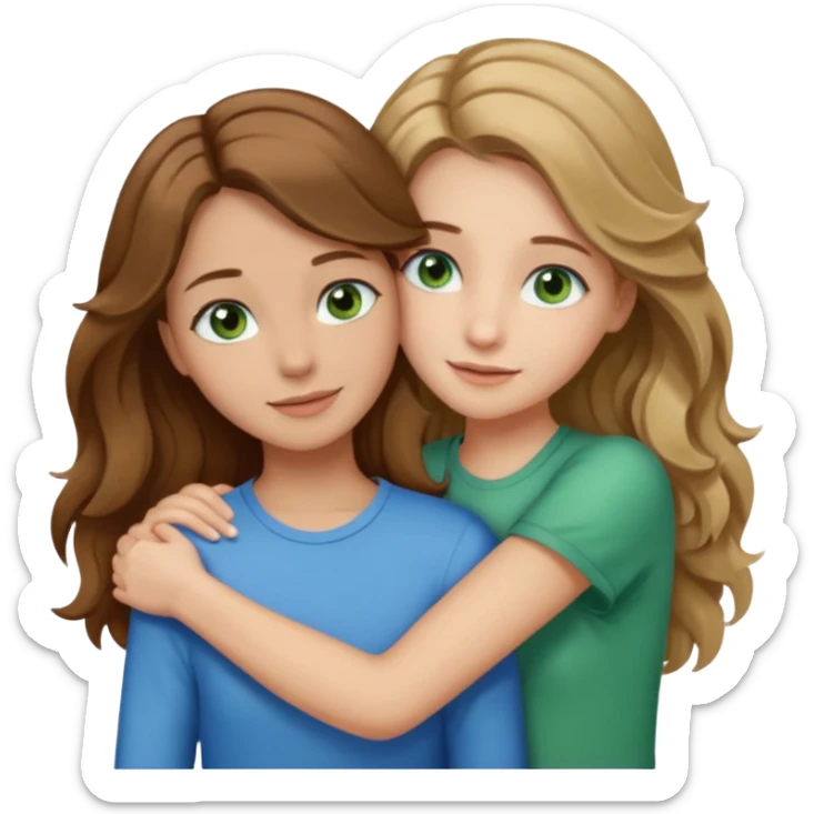 make me and my best friend togheter i have shoulder-lenght brown hair and light brown eyes and she has really long wavy hair blonde/brown hair and green/blue eyes we are hugging or taking a selfie  sticker