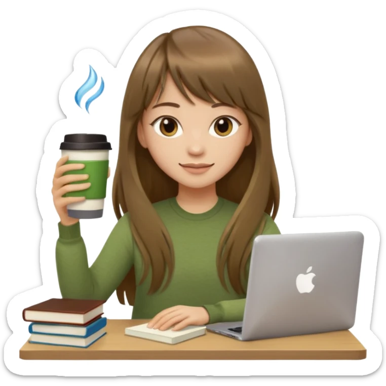 a designer with light skin long brown hair bangs waving, stack of books, coffee cup on top, water bottle, computer, matcha, no glasses sticker
