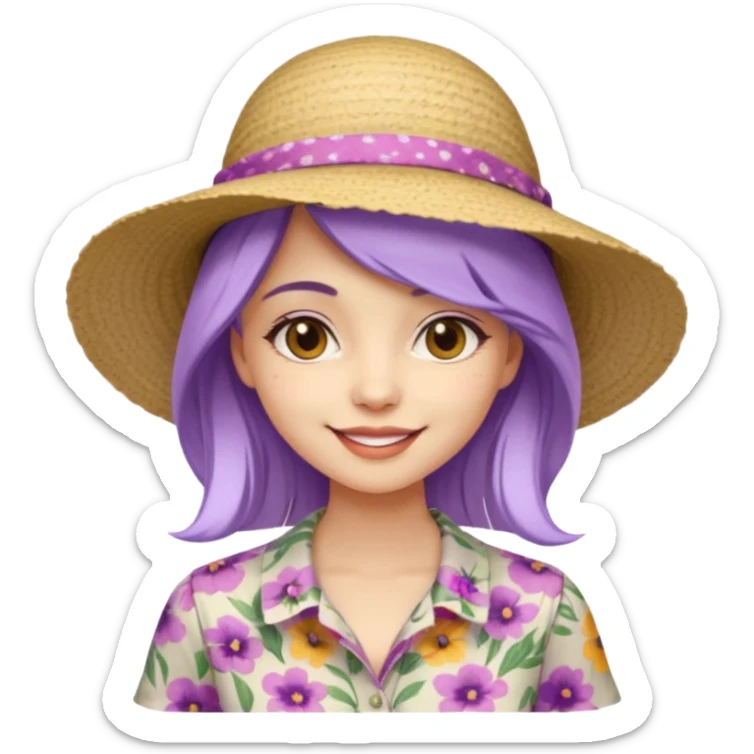 young fashionable woman, straight lavender hair, wearing a sunhat and floral blouse, playful smile sticker