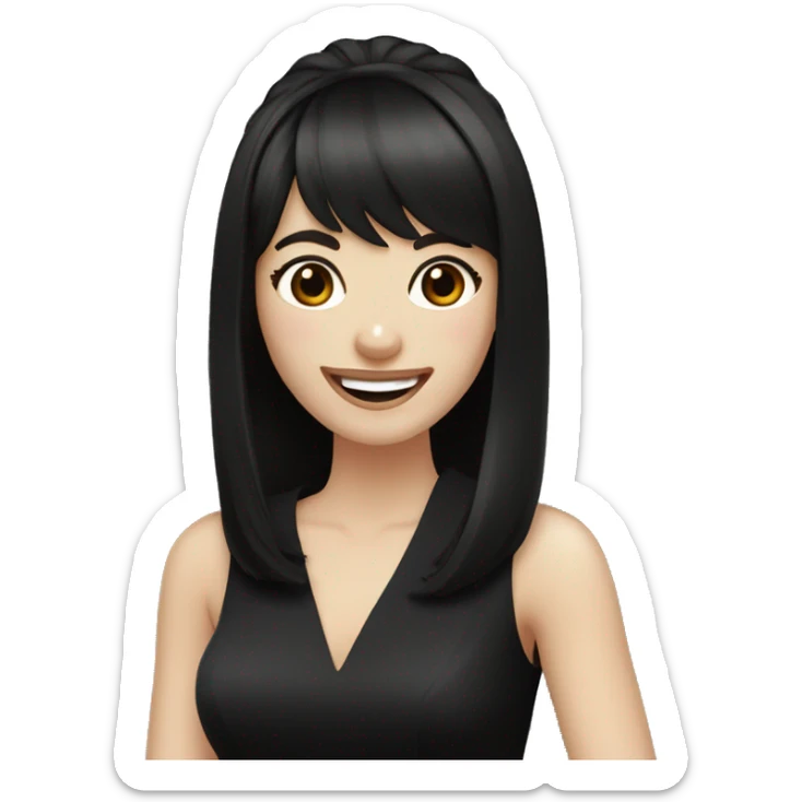 bride with very pale skin dark brown straight hair black dress and bangs laughing sticker