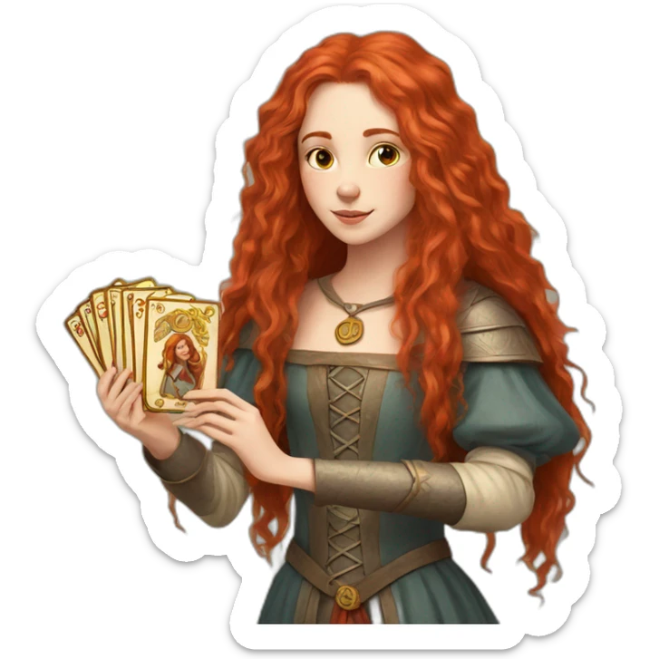 a red long haired girl from the middle ages with a deck of tarot cards sticker
