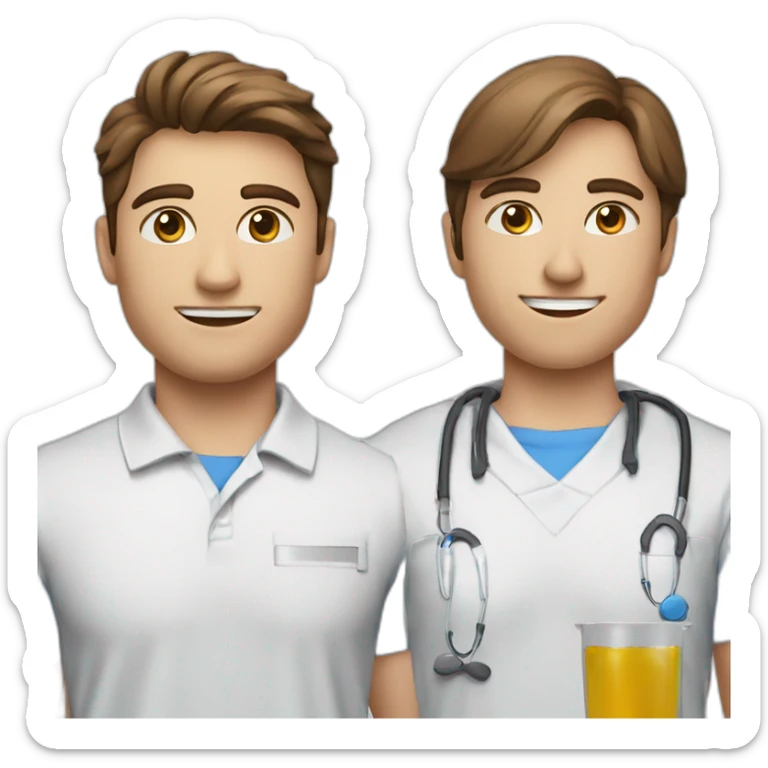 A good looking brown hair, bleu eye with a squared jaw physiotherapist with a polo sticker