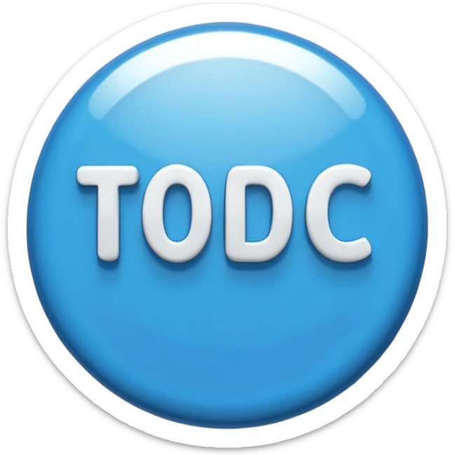 A glossy, three-dimensional emoji pin badge showing the text "TODOC". The font is modern, rounded, sans-serif, and colored in a professional medical blue. The badge has soft edges and reflections, in the style of Apple emojis. White background. sticker