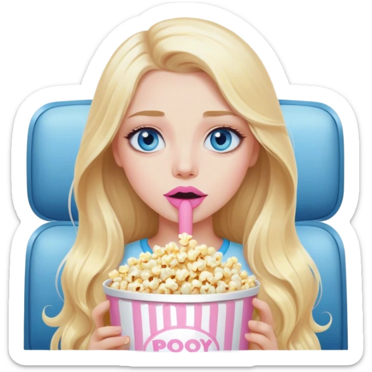 Cinematic realistic blonde with long hair, blue eyes and painted pastel pink lips, watching TV and eating popcorn sticker