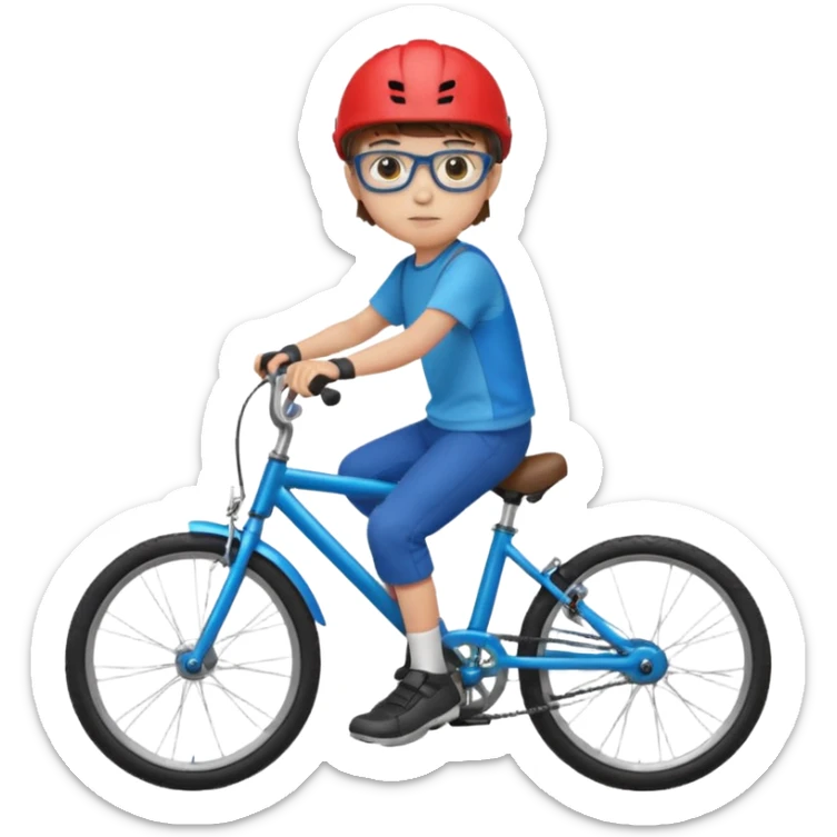 12 year old boy with short brown hair and a fringe, round glasses, blue eyes, riding a blue bike, wearing a red helmet sticker