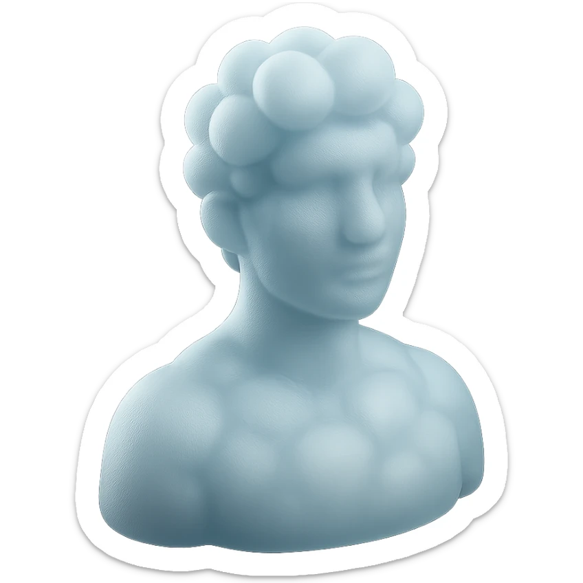 person looking straight, made entirely of white fluffy convex clouds, shoulder up, matte glass style, clouds more rounded, no background sticker