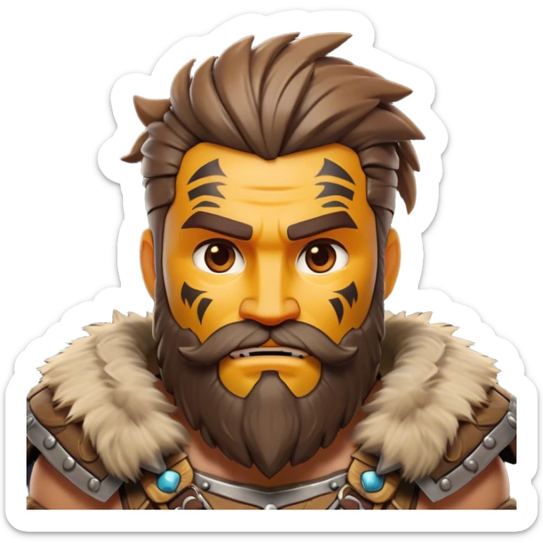 Clash of Clans style: Cinematic Rugged Barbarian Portrait Emoji, Intense and formidable with a stylized build, a rugged beard and expressive eyes, adorned in playful, battle-worn furs and cartoonish armor with tribal markings, Simplified yet powerfully detailed features, highly detailed, glowing with a deep, adventurous energy, high shine, spirited and determined, stylized with an air of raw, untamed power, soft glowing outline, capturing the essence of a barbarian warrior ready to lead epic quests! sticker