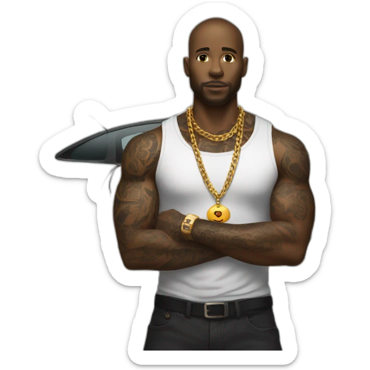 A black man with the right arm tattoed, with a car on the back and a gold chain on the neck  sticker
