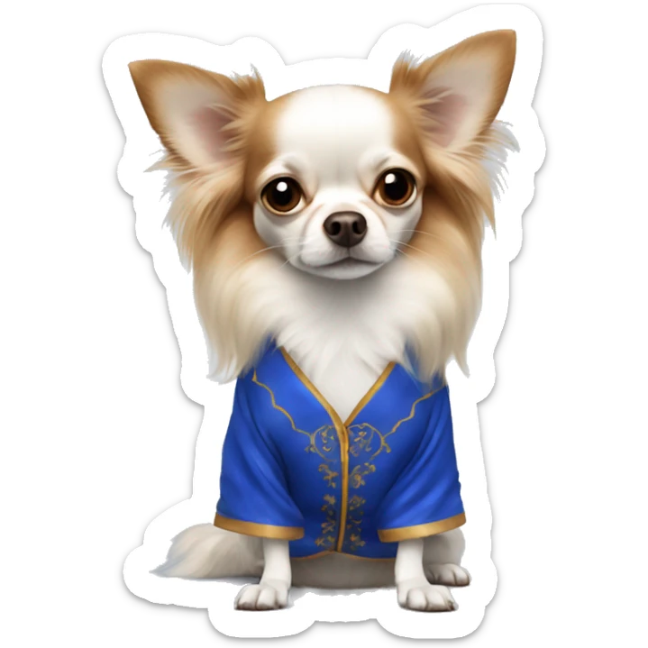 Long-haired white Chihuahua with reddish brown markings wearing royal blue silk pajamas sticker