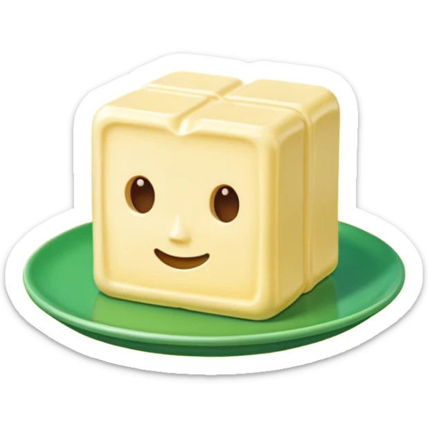 A 3D cartoon butter block identical to dairy butter, subtle green plate or tone difference, Memoji-style sticker