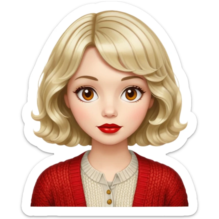 Alluring 1970's French girl french shiny wavy textured bob haircut tousled hair red lips wearing knitted cardigan sticker