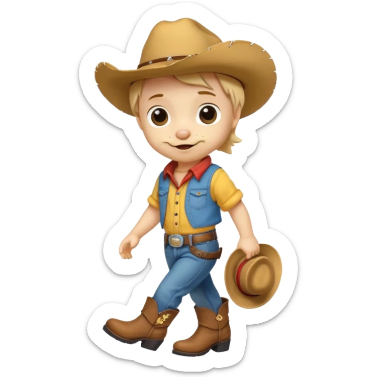 a very cute and adorable anthropomorphic puppy with a cowboy hat ,yellow shirt and blue jeans and brown boots is walking  sticker