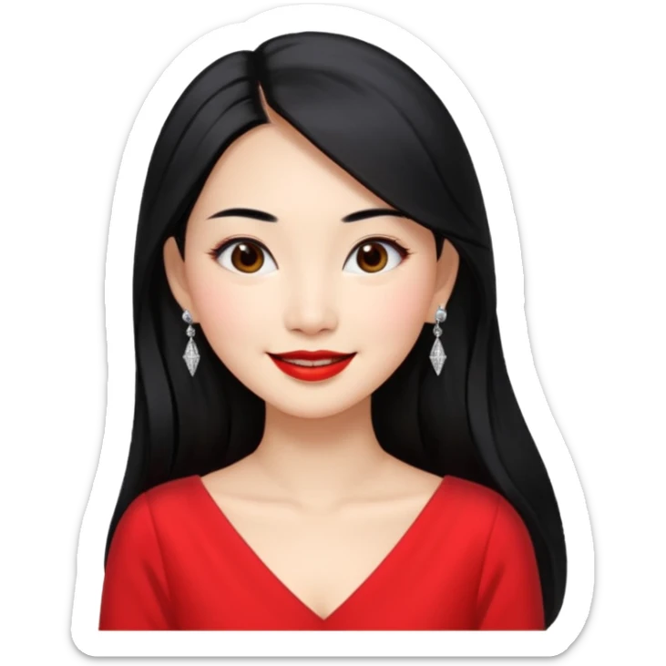 30 yr old asian woman, middle parted straight long black hair, very pretty, fancy dress, earings, red lipstick, silver earings sticker