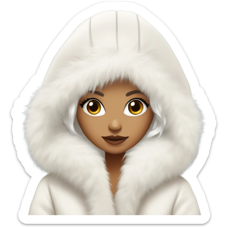 Tanned Girl with lashes , platinum blonde hair, in an extremely big fluffy oversized white fur coat with hood on. The fur is real and it’s very obvious big and fluffy like in Pinterest  sticker