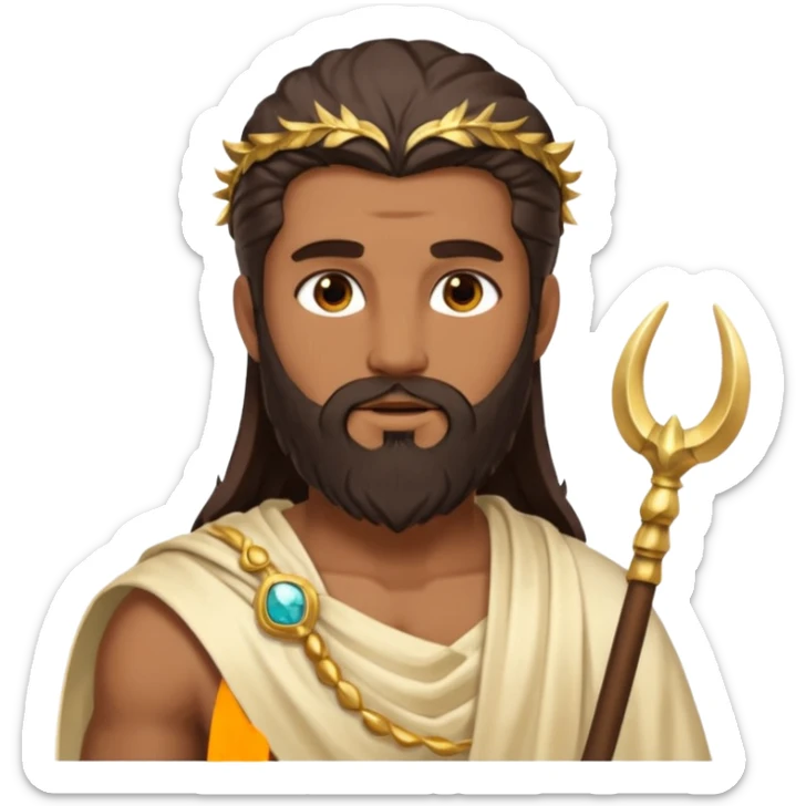 Faunus, God from Nature Roman Deities with long dark brown hair and beard, tan sequin toga, ivory horn sticker