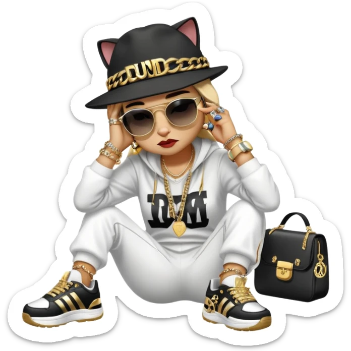 female cat wearing Run DMC hip-hop outfit with tracksuit, fedora, Adidas sneakers, dark sunglasses, many gold chains, rings, bracelets, flashy earrings, lying on the ground in distress, crying sticker